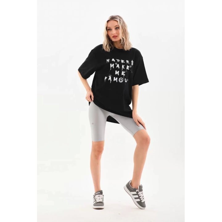 Unisex Baskılı Oversize T-Shirt - Siyah