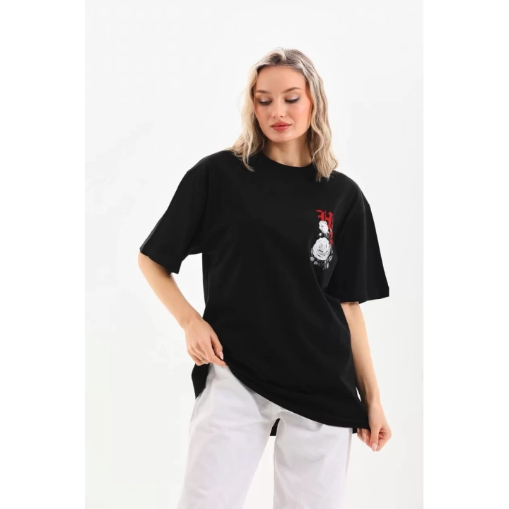 Unisex Baskılı Oversize T-Shirt - Siyah