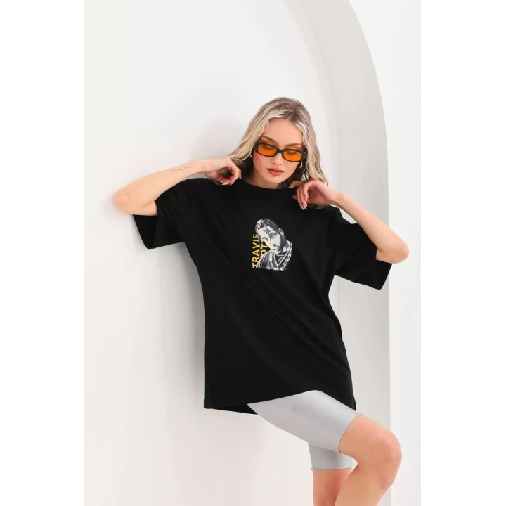 Unisex Baskılı Oversize T-Shirt - Siyah