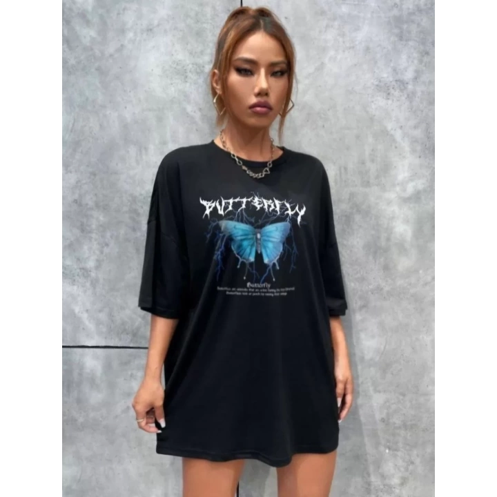 Unisex Baskılı Oversize T-Shirt - Siyah