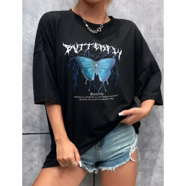 Unisex Baskılı Oversize T-Shirt - Siyah