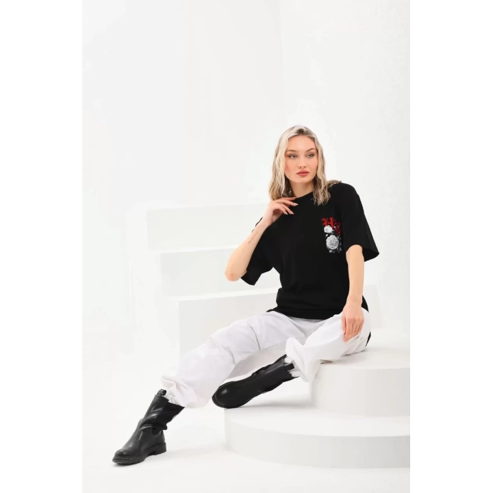 Unisex Baskılı Oversize T-Shirt - Siyah