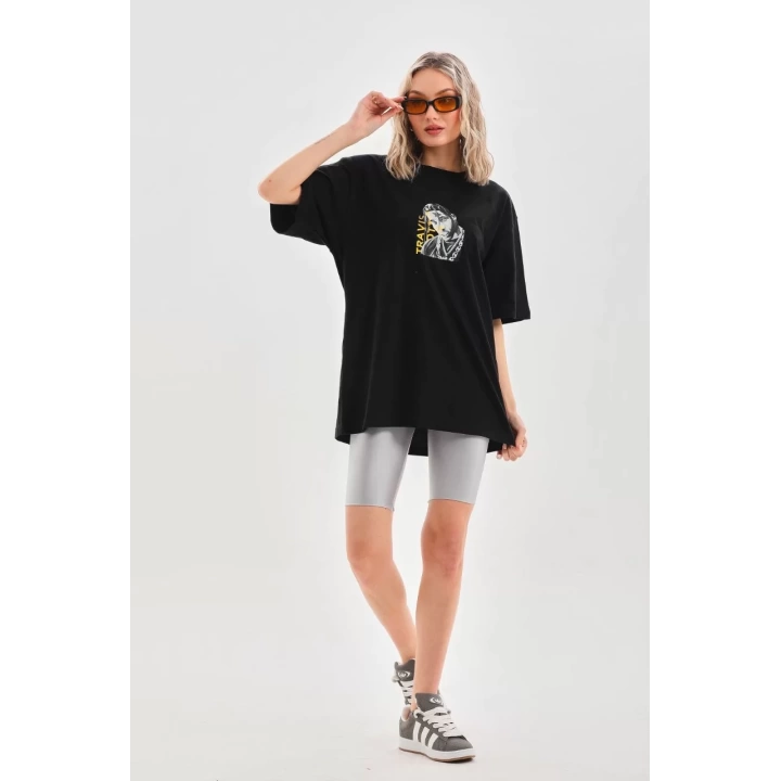 Unisex Baskılı Oversize T-Shirt - Siyah