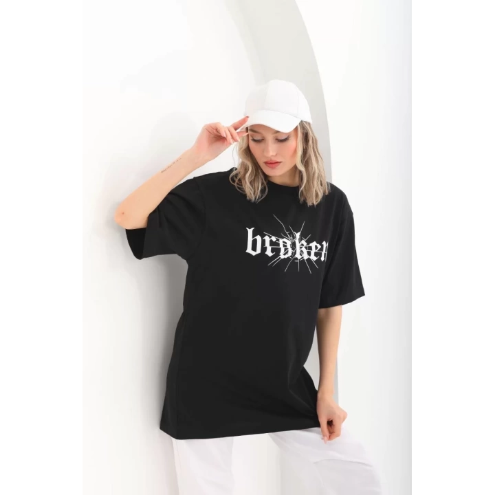 Unisex Baskılı Oversize T-Shirt - Siyah