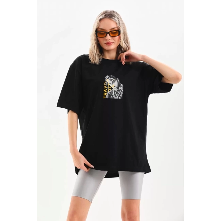 Unisex Baskılı Oversize T-Shirt - Siyah