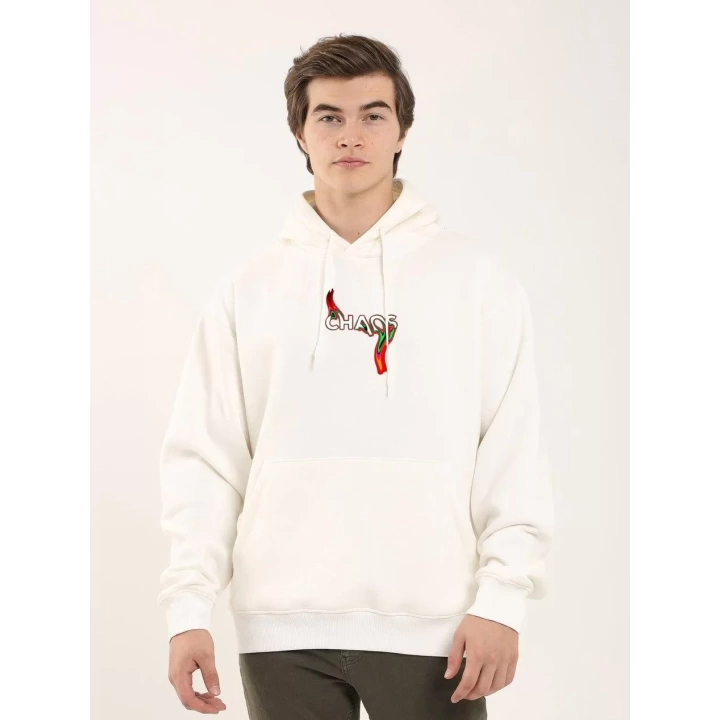 Unisex Baskılı Oversize Üç İplik Kapüşonlu Sweatshirt - Beyaz