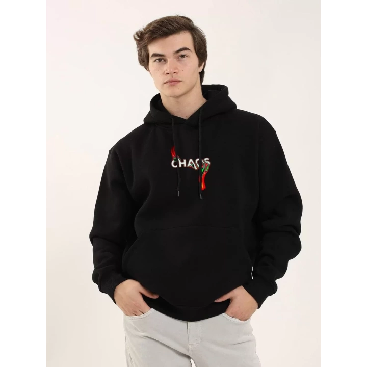 Unisex Baskılı Oversize Üç İplik Kapüşonlu Sweatshirt - Siyah