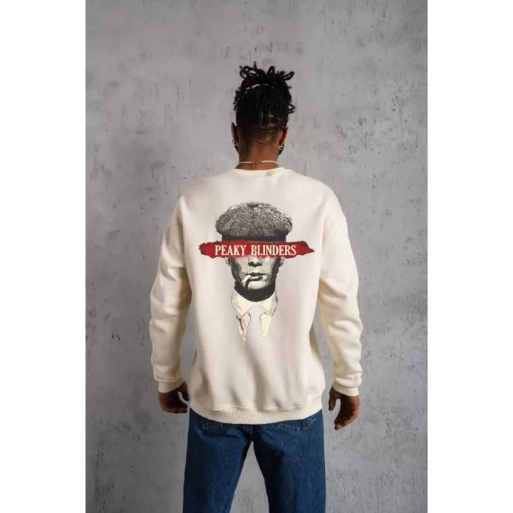 Unisex Bisiklet Yaka Baskılı Oversize Sweatshirt - Beyaz