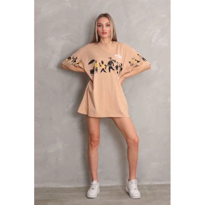 Unisex Bisiklet Yaka Baskılı Oversize T-Shirt - Bej