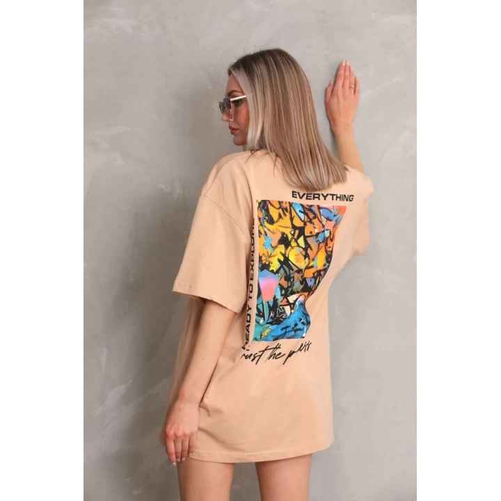 Unisex Bisiklet Yaka Baskılı Oversize T-Shirt - Bej