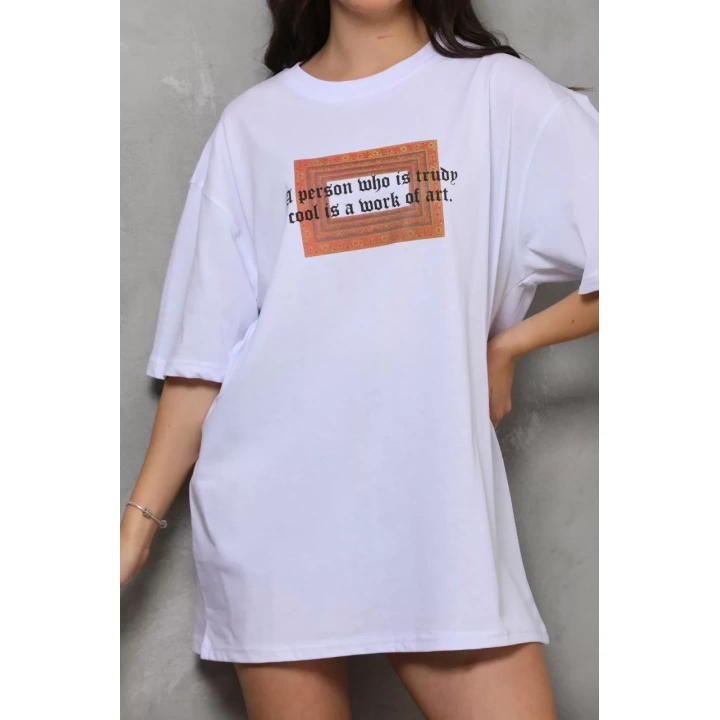 Unisex Bisiklet Yaka Baskılı Oversize T-Shirt - Beyaz