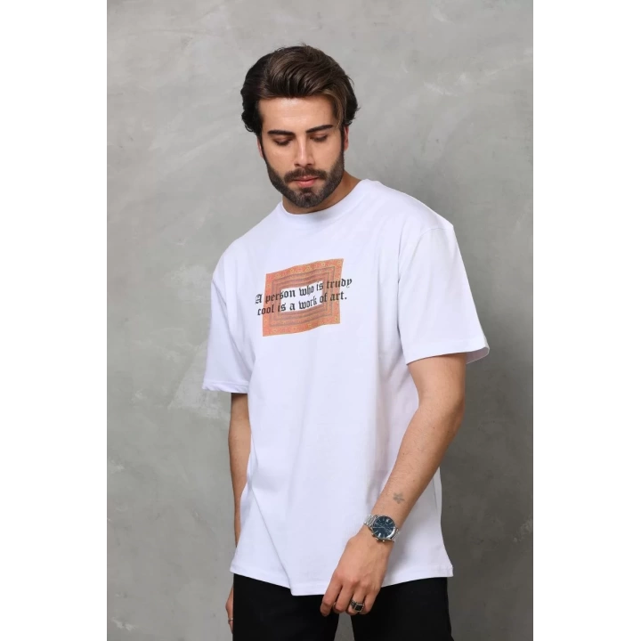 Unisex Bisiklet Yaka Baskılı Oversize T-Shirt - Beyaz