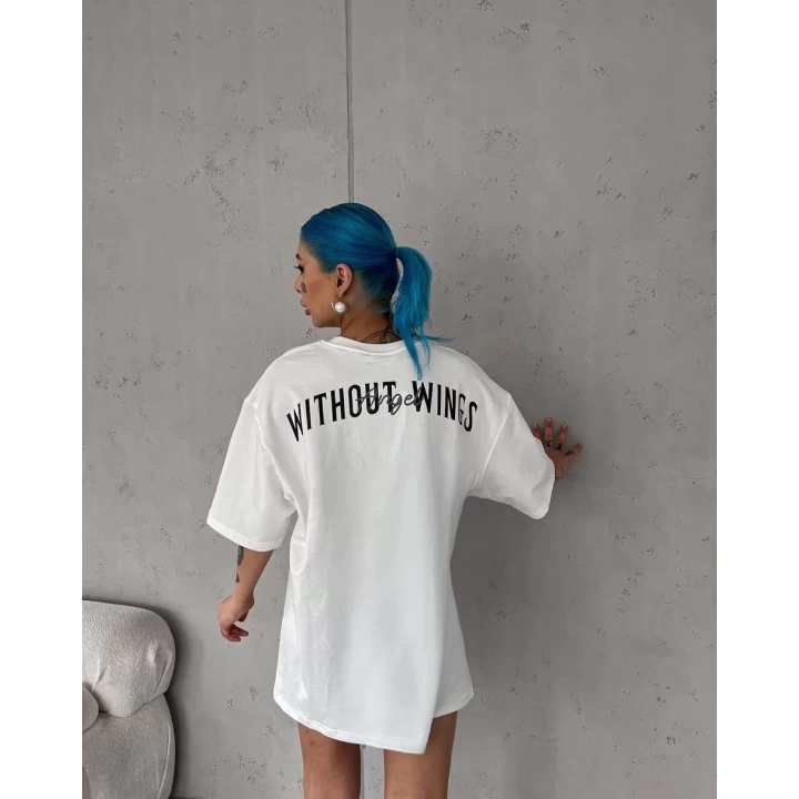 Unisex Bisiklet Yaka Baskılı Oversize T-Shirt - Beyaz