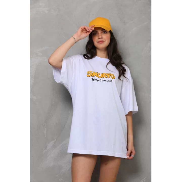 Unisex Bisiklet Yaka Baskılı Oversize T-Shirt - Beyaz