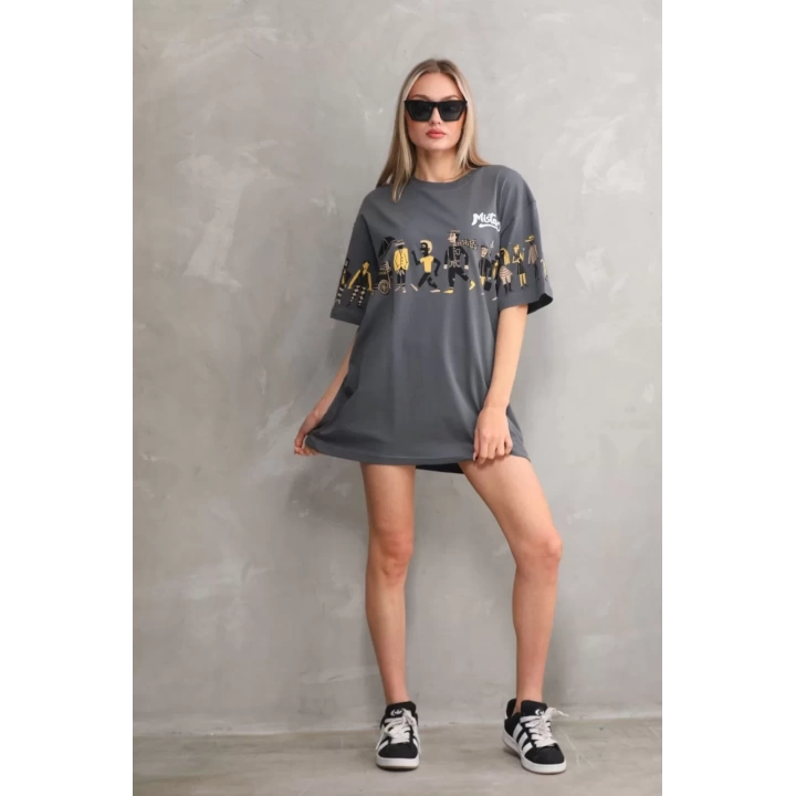 Unisex Bisiklet Yaka Baskılı Oversize T-Shirt - Gri