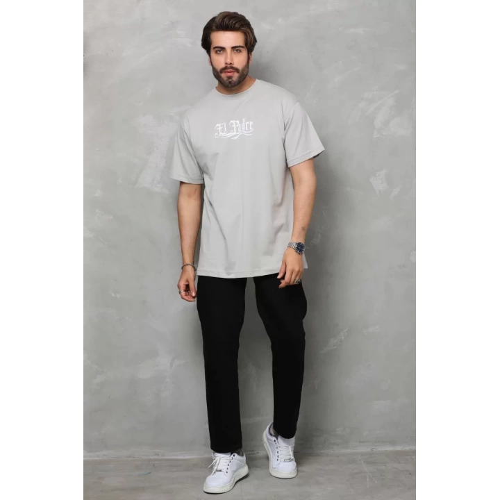 Unisex Bisiklet Yaka Baskılı Oversize T-Shirt - Gri