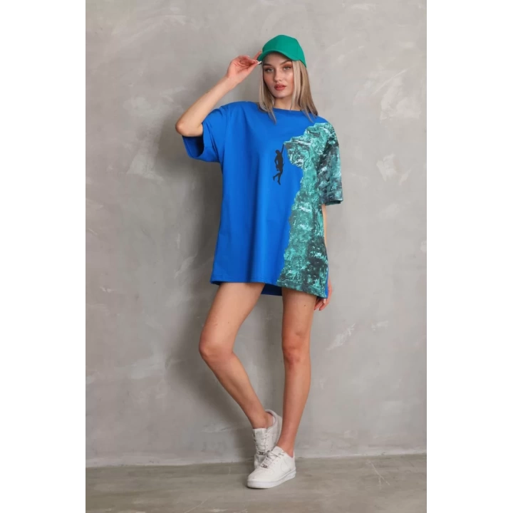 Unisex Bisiklet Yaka Baskılı Oversize T-Shirt - Mavi