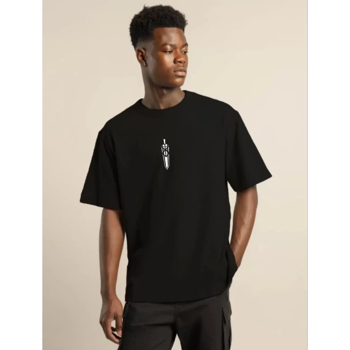 Unisex Bisiklet Yaka Baskılı Oversize T-Shirt - Siyah