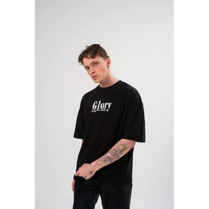 Unisex Bisiklet Yaka Baskılı Oversize T-Shirt - Siyah