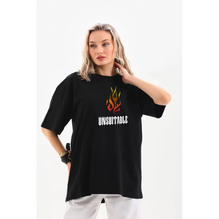 Unisex Bisiklet Yaka Baskılı Oversize T-Shirt - Siyah