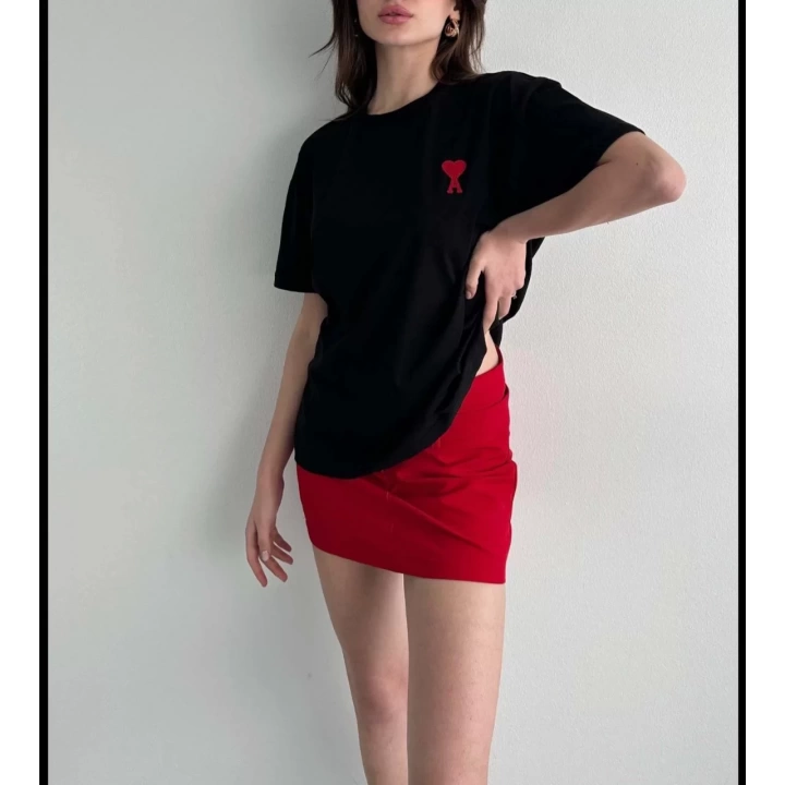 Unisex Bisiklet Yaka Baskılı Oversize T-Shirt - Siyah