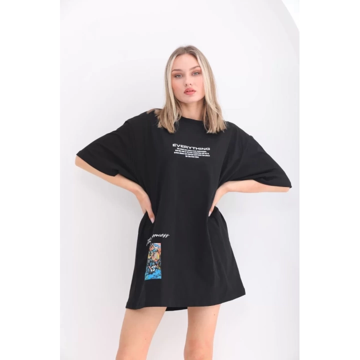 Unisex Bisiklet Yaka Baskılı Oversize T-Shirt - Siyah