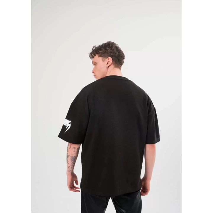 Unisex Bisiklet Yaka Baskılı Oversize T-Shirt - Siyah