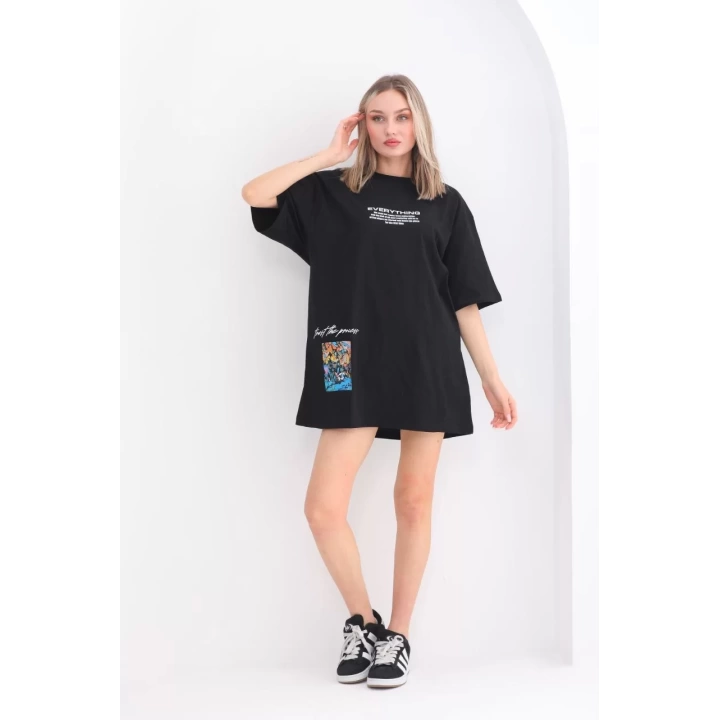 Unisex Bisiklet Yaka Baskılı Oversize T-Shirt - Siyah