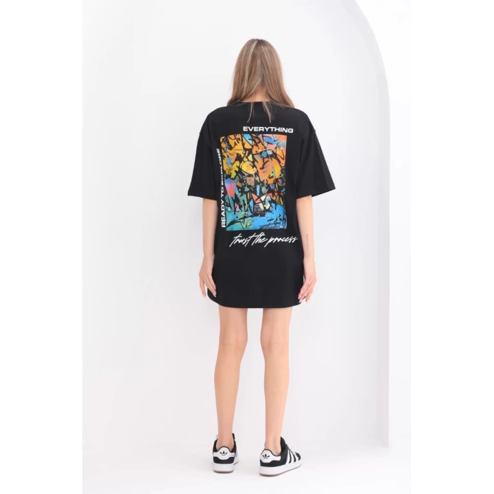 Unisex Bisiklet Yaka Baskılı Oversize T-Shirt - Siyah