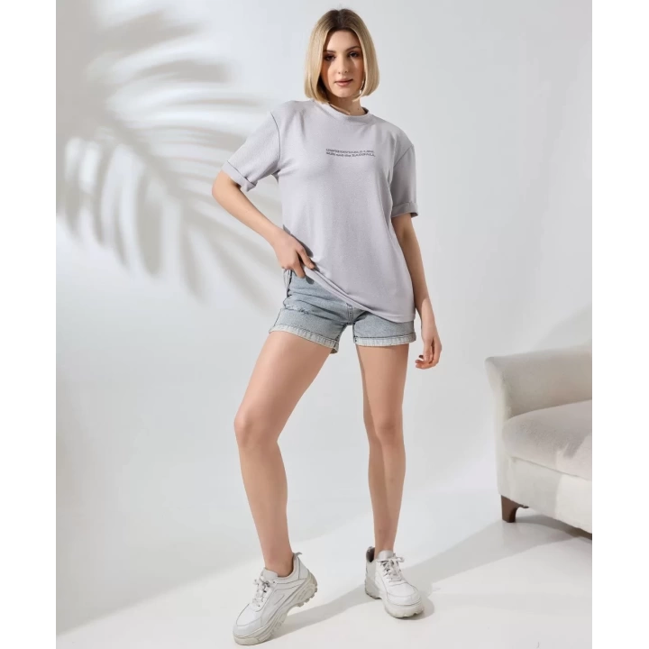 Unisex Bisiklet Yaka Baskılı Slim Fit T-Shirt - Boyalı Gri