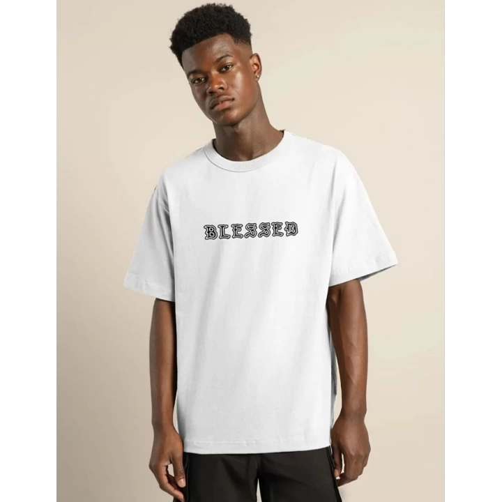 Unisex Bisiklet Yaka Oversize Baskılı T-Shirt - Beyaz