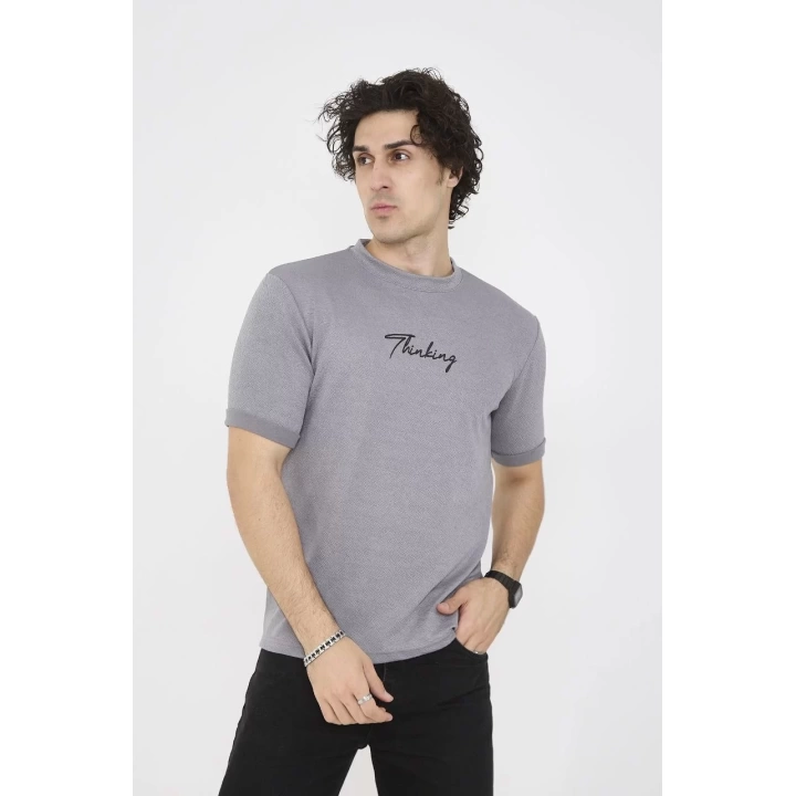 Unisex Bisiklet Yaka Slim fit T-Shirt- Gri