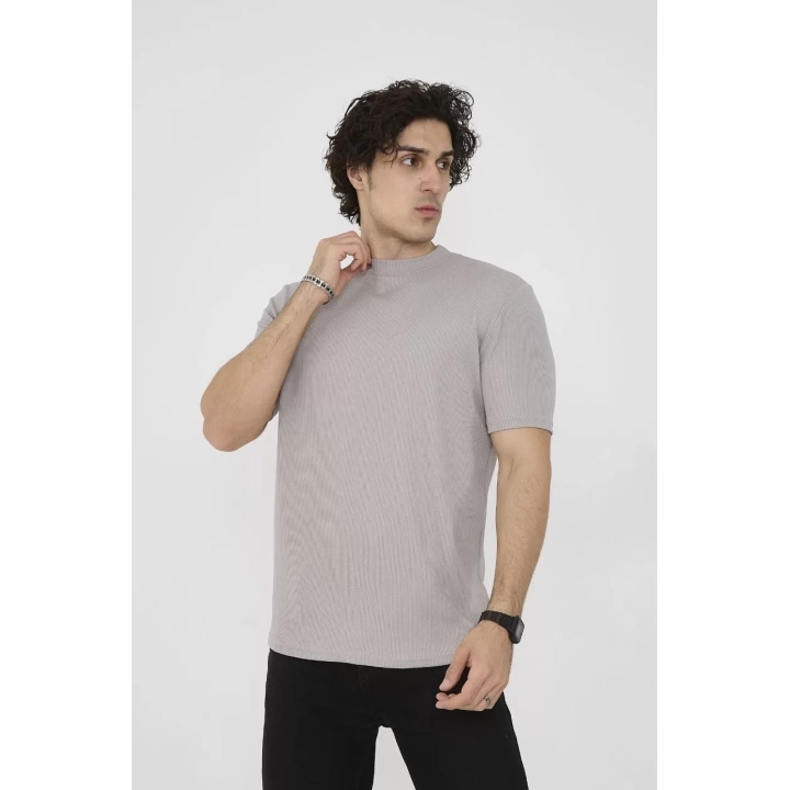 Unisex Bisiklet Yaka Slim fit T-Shirt- Taş