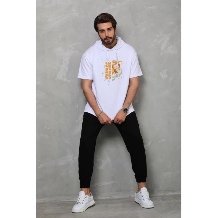 Unisex Kapşonlu Kısa Kol Oversize Baskılı T-Shirt - Beyaz