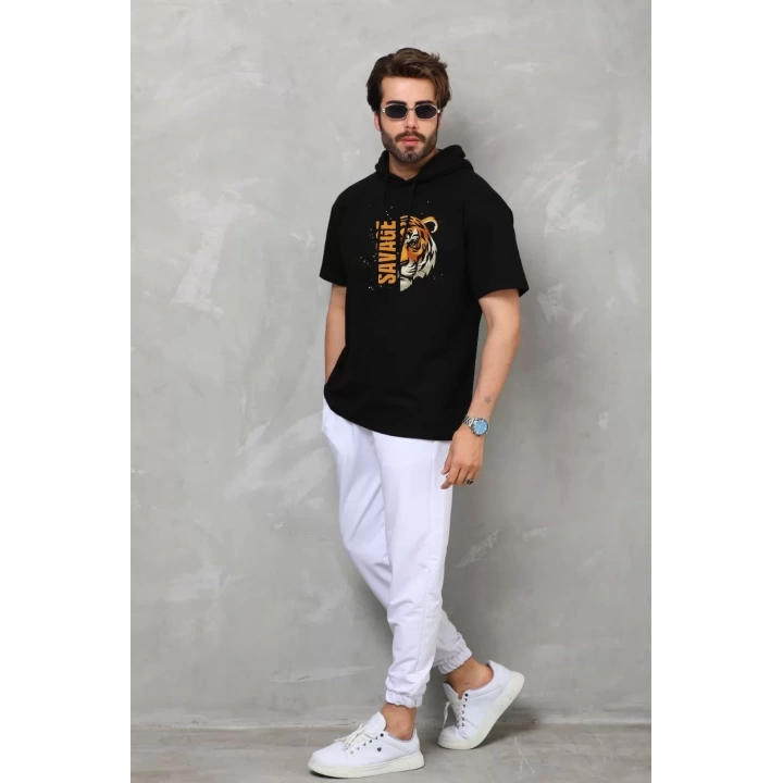 Unisex Kapşonlu Kısa Kol Oversize Baskılı T-Shirt - Siyah