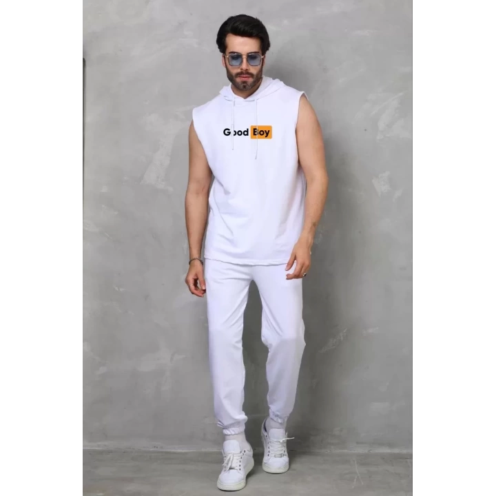 Unisex Kapşonlu Kolsuz Oversize Baskılı Tişört - Beyaz