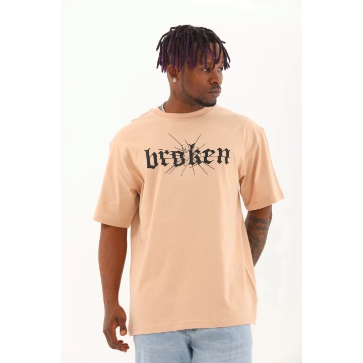 Unisex Oversize Baskılı Bisiklet Yaka T-Shirt - Bej