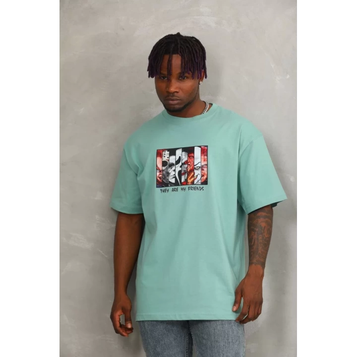 Unisex Oversize Baskılı Bisiklet Yaka T-Shirt - Mint Yeşili