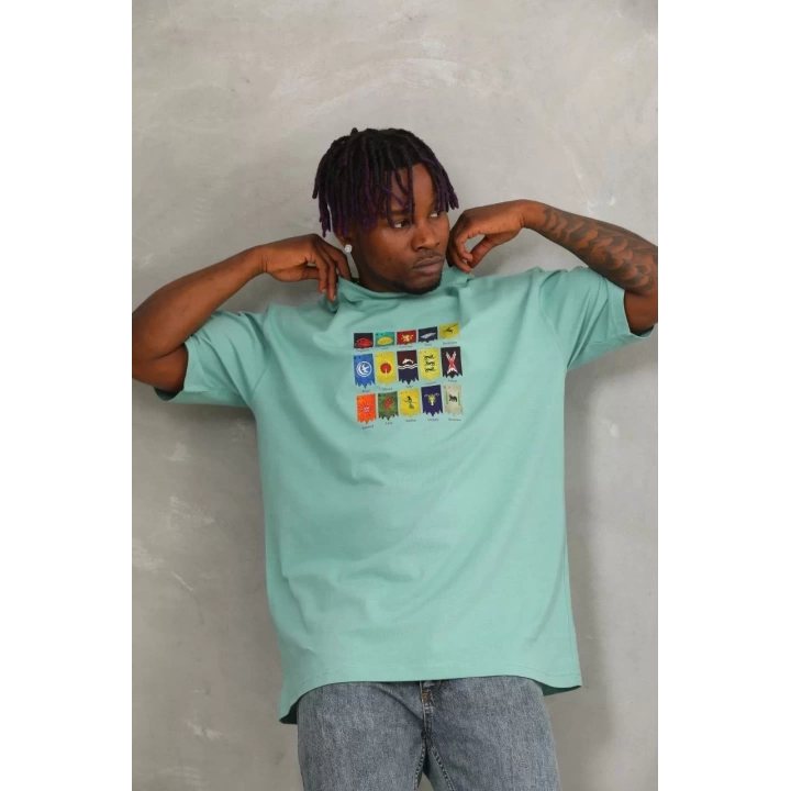 Unisex Oversize Baskılı Bisiklet Yaka T-Shirt - Mint Yeşili