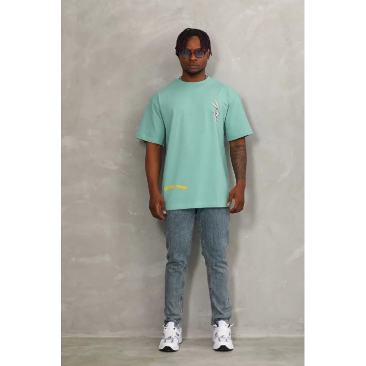 Unisex Oversize Baskılı Bisiklet Yaka T-Shirt - Mint Yeşili