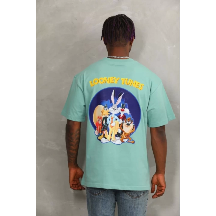 Unisex Oversize Baskılı Bisiklet Yaka T-Shirt - Mint Yeşili