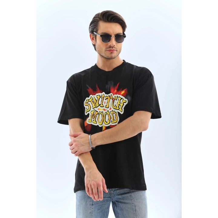 Unisex Oversize Baskılı Bisiklet Yaka T-Shirt - Siyah