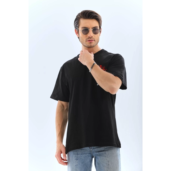 Unisex Oversize Baskılı Bisiklet Yaka T-Shirt - Siyah