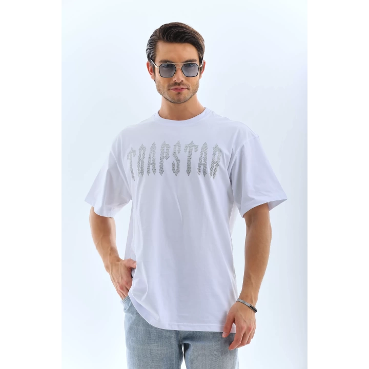 Unisex Oversize Taşlı Bisiklet Yaka T-Shirt - Beyaz