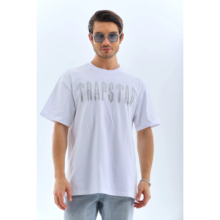 Unisex Oversize Taşlı Bisiklet Yaka T-Shirt - Beyaz