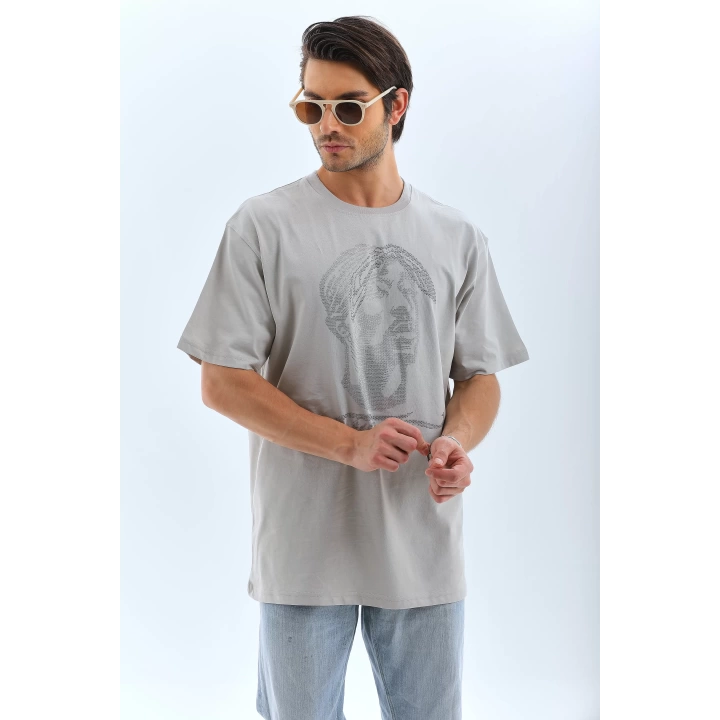 Unisex Oversize Taşlı Bisiklet Yaka T-Shirt - Gri