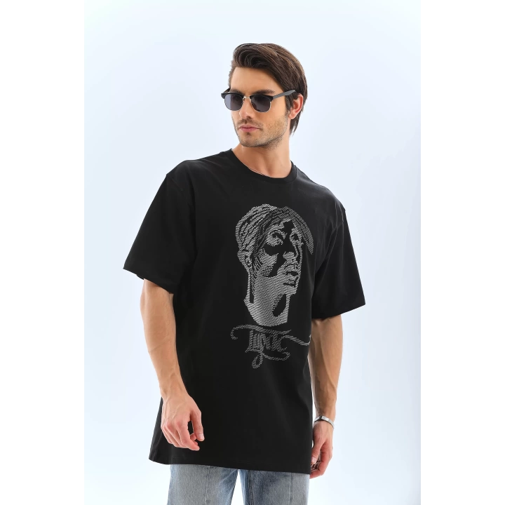 Unisex Oversize Taşlı Bisiklet Yaka T-Shirt - Siyah