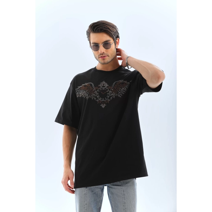 Unisex Oversize Taşlı Bisiklet Yaka T-Shirt - Siyah