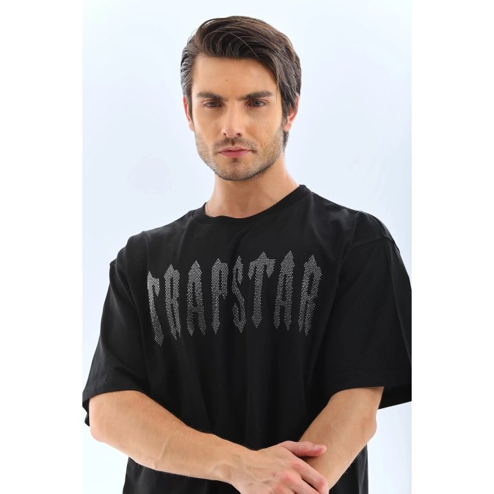 Unisex Oversize Taşlı Bisiklet Yaka T-Shirt - Siyah