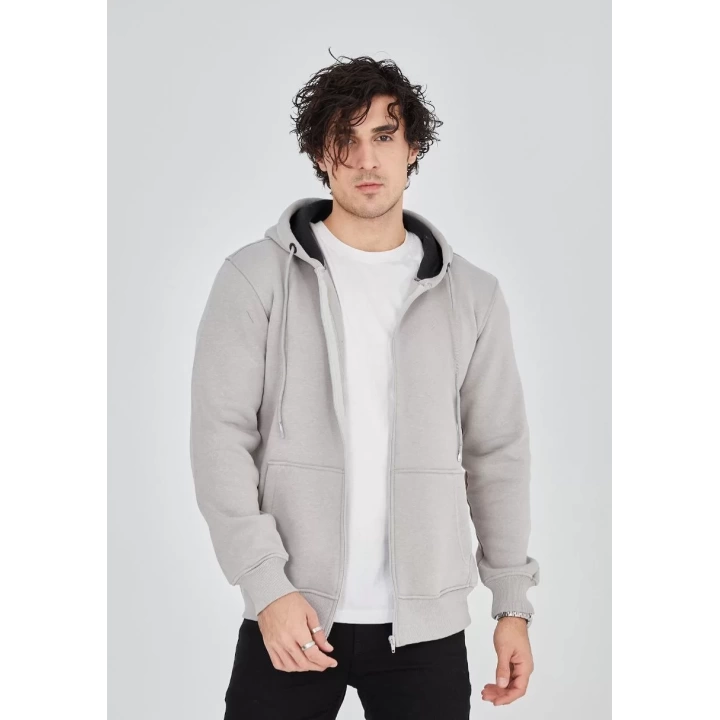 Unisex Tam Fermuarlı Kapşonlu  SweatShirt - Boyalı Gri